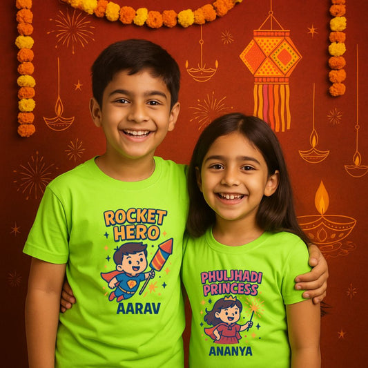 Personalized "Rocket Hero" & "Phuljhari Princess" Sibling Diwali T-Shirt Set