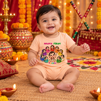 Personalized Baby’s First Navratri Romper | Peach Nine Dancers Design