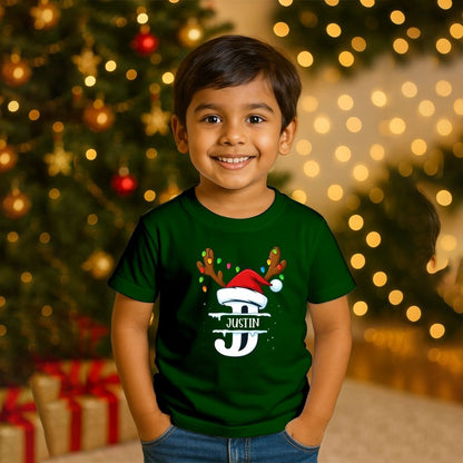 Personalized Kids Christmas Initial T-Shirt | Custom Monogram Reindeer & Santa Hat Tee