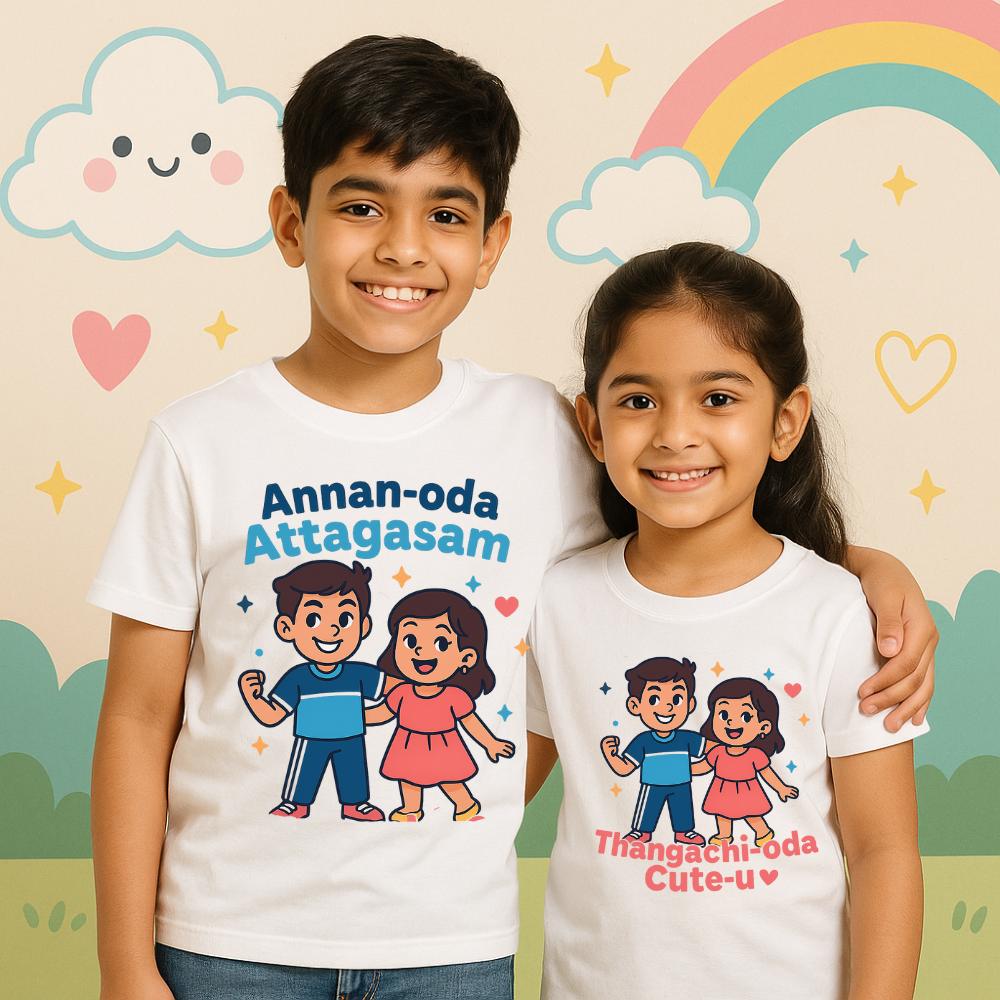 Annan Oda Attagasam & Thangachi Oda Cute-u white T-shirts – perfect Rakhi gift for Tamil siblings to celebrate their bond