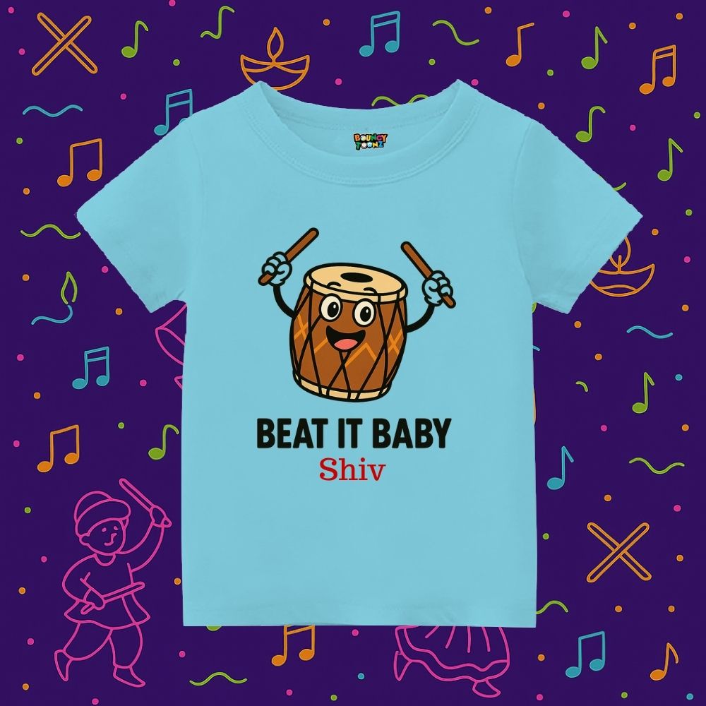 Aqua Kids t-shirt with a cartoon drum and text Beat it Baby