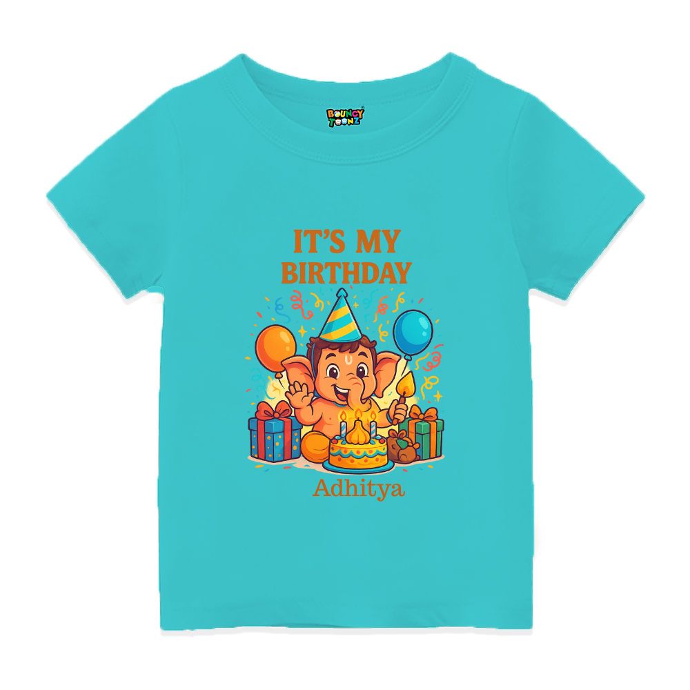 Aquablue Kids t-shirt with a birthday-themed Ganesha design 