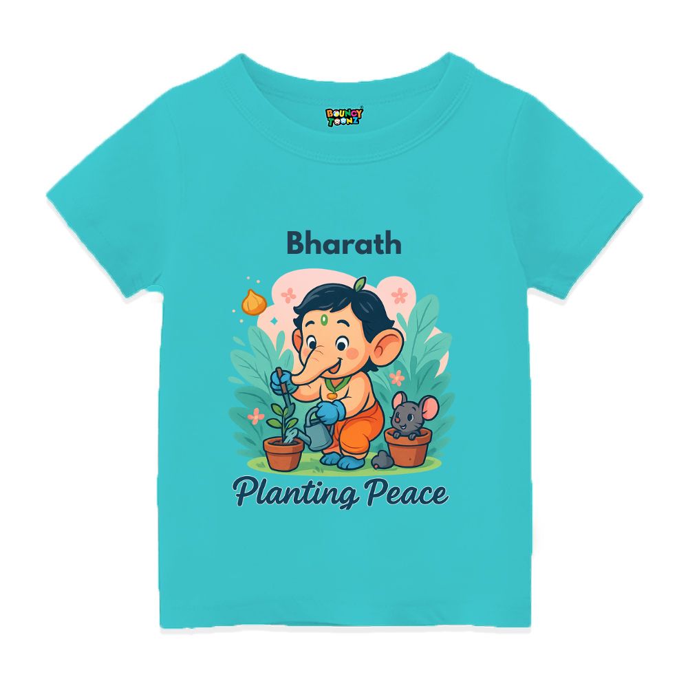 Aquablue Kids t-shirt with text 'Planting Peace' 