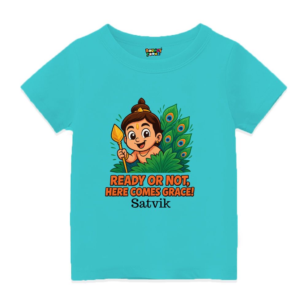 Aquablue t-shirt, Balamurugan with vel and feather design and text  'Ready or Not, Here Comes Grace'! 