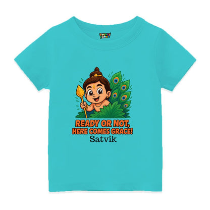 Aquablue t-shirt, Balamurugan with vel and feather design and text  'Ready or Not, Here Comes Grace'! 