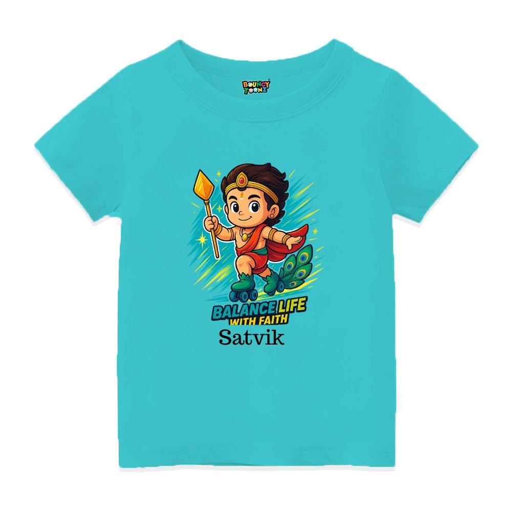 Aquablue t-shirt, Lord balamurugan with Skating Roller and text Balance Life With Faith'