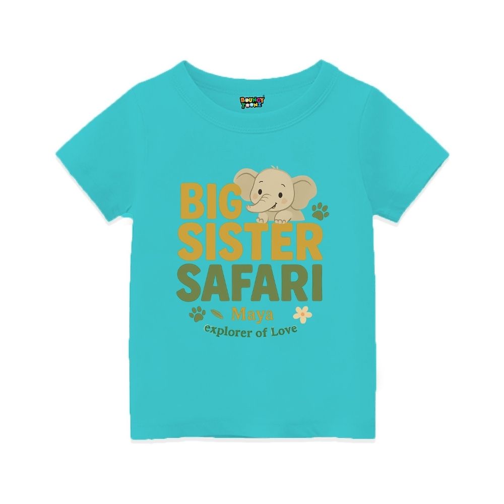 Aquablue t-shirt with 'Big Sister Safari' text and elephant graphic