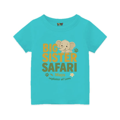 Aquablue t-shirt with 'Big Sister Safari' text and elephant graphic