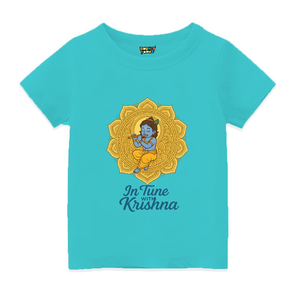 Aquablue t-shirt with a mandala design and 'In Tune with Krishna' text 