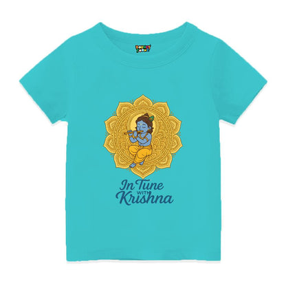 Aquablue t-shirt with a mandala design and 'In Tune with Krishna' text 