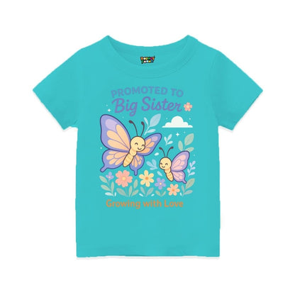 Aquablue t-shirt with butterfly design and text 'Promoted to Big Sister Growing with Love' 