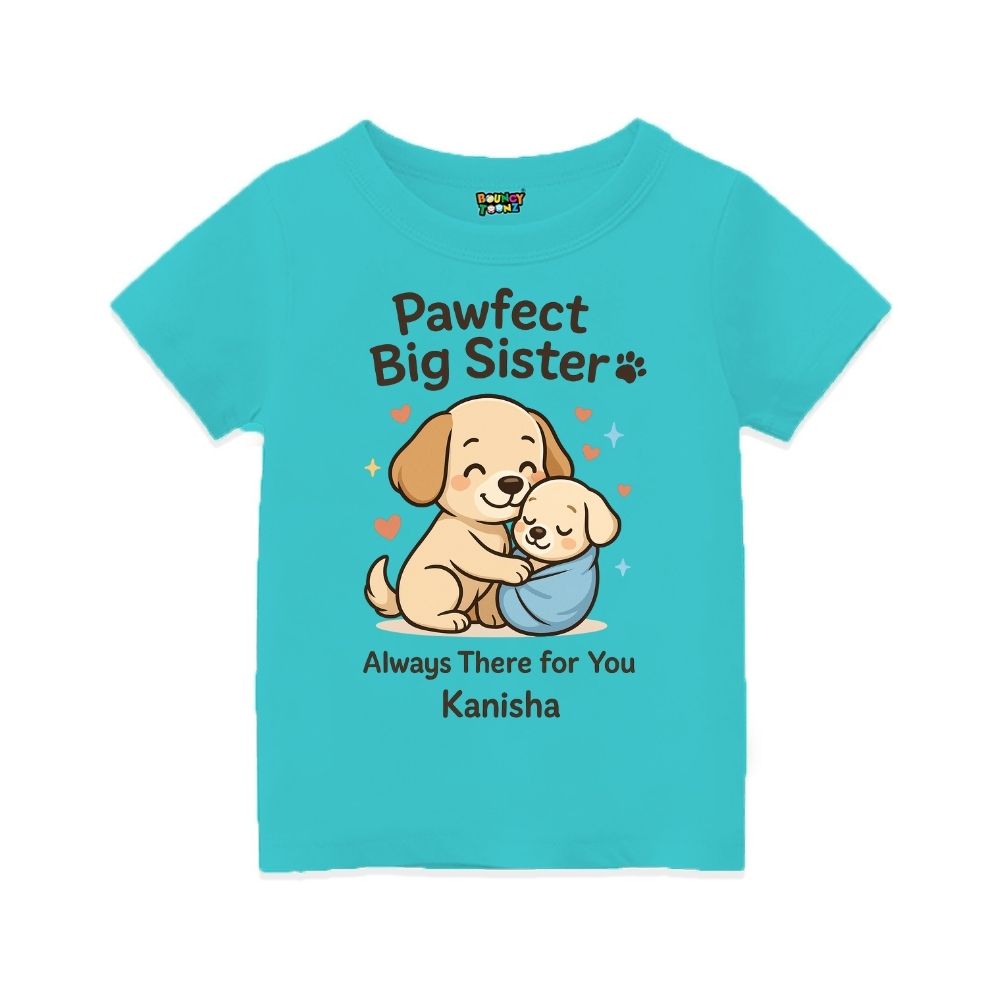 Aquablue t-shirt with cartoon dogs and text 'Pawfect Big Sister' Always there for you
