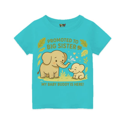 Aquablue t-shirt with elephant design and text 'Promoted to Big Sister' with My Baby Buddy is Here!