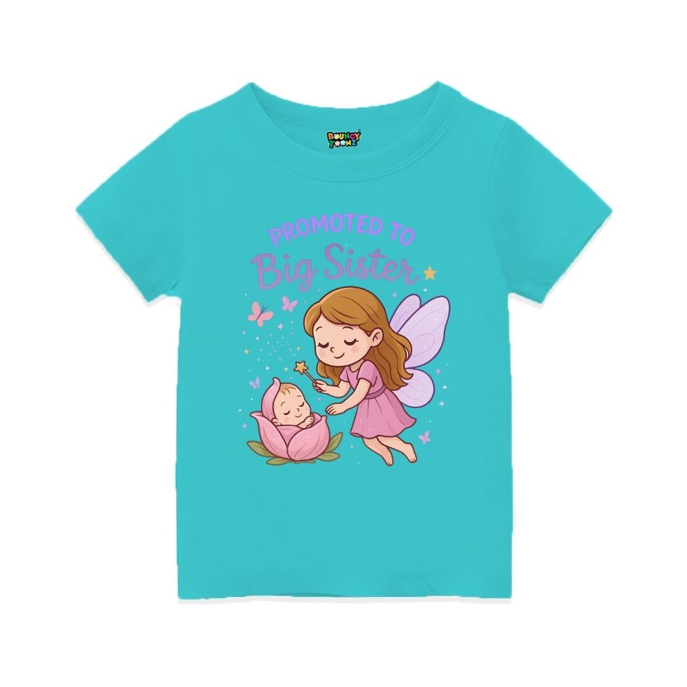 Aquablue t-shirt with fairy and baby graphic and 'Promoted to Big Sister' text 