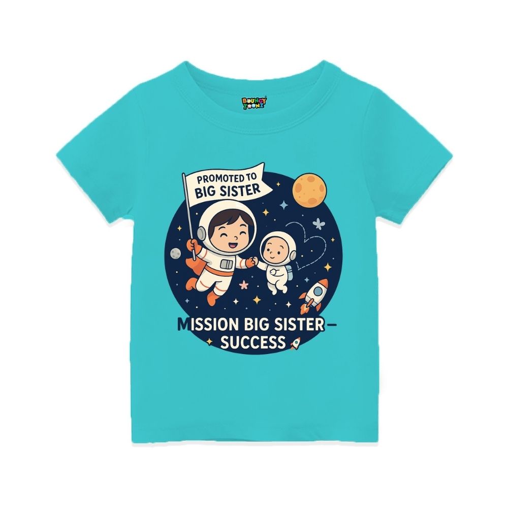 Aquablue t-shirt with space-themed design and text 'Promoted to Big Sister' 