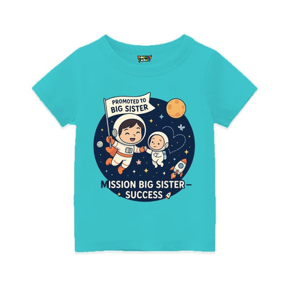 Aquablue t-shirt with space-themed design and text 'Promoted to Big Sister' 