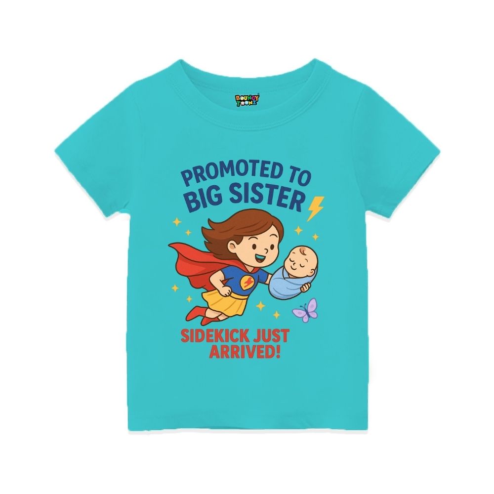 Aquablue t-shirt with superhero design and text 'Promoted to Big Sister, Sidekick Just Arrived!' 