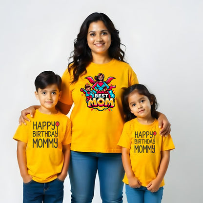 Mom and Kids Matching Mustard t-shirts with text  'BEST MOM, HAPPY BIRTHDAY' 