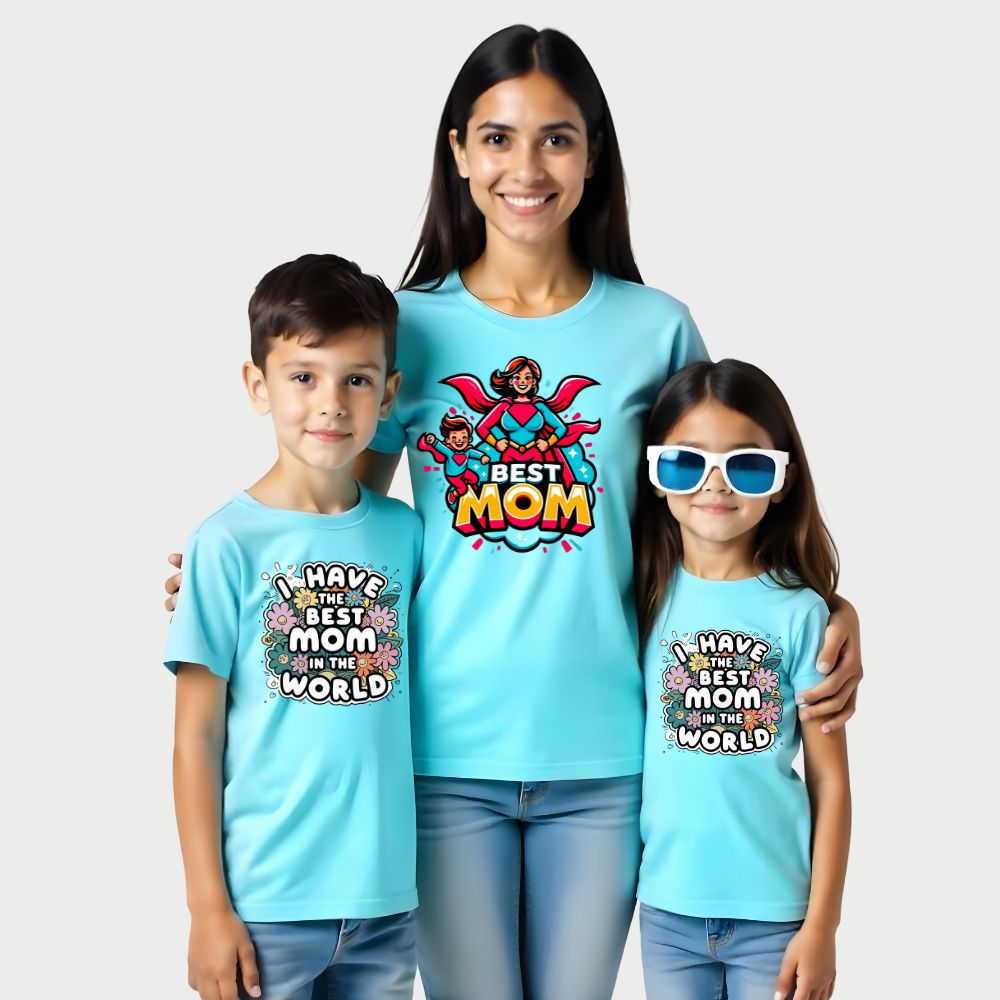Mom and Kids Matching Aquablue t-shirts with text  'BEST MOM, HAPPY BIRTHDAY' 