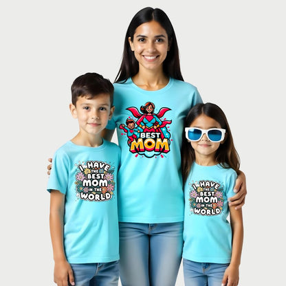 Mom and Kids Matching Aquablue t-shirts with text  'BEST MOM, HAPPY BIRTHDAY' 