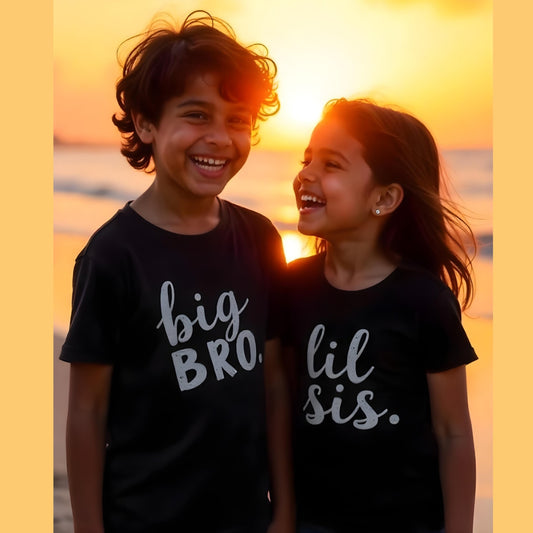 Big Bro & Little Sister printed black T-shirts – perfect Rakhi gift 2025 for siblings to celebrate their bond in matching style