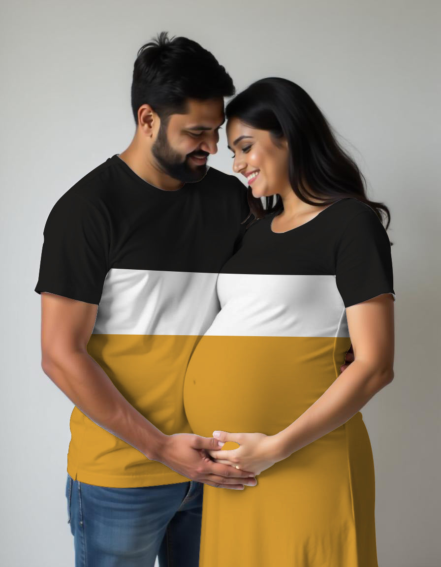 Maternity Couple Matching Colour Block T-shirt Dress with Black-White-Mustard colors.