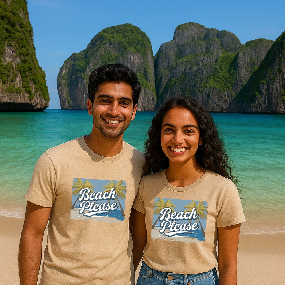 'Beach Please' t-shirts on a tropical beach Couple Tshirt Beige