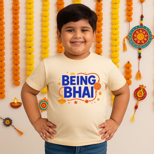 Big brother posing in a beige, Rakhi edition t-shirt designed for Raksha Bandhan celebrations.
