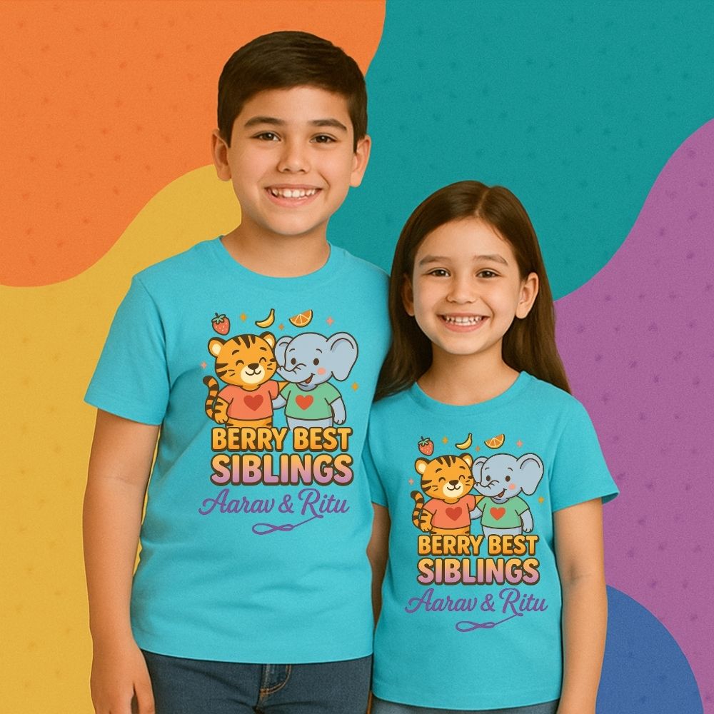 Custom ‘Berry Best Siblings’ shirt set with berry icons & names – perfect Rakhi gift 2025 for brothers and sisters
