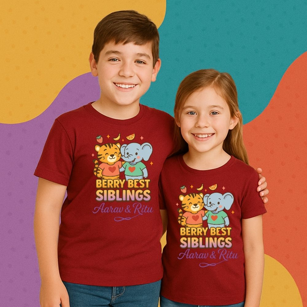 Custom ‘Berry Best Siblings’ shirt set with berry icons & names – perfect Rakhi gift 2025 for brothers and sisters