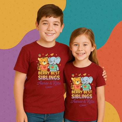 Custom ‘Berry Best Siblings’ shirt set with berry icons & names – perfect Rakhi gift 2025 for brothers and sisters