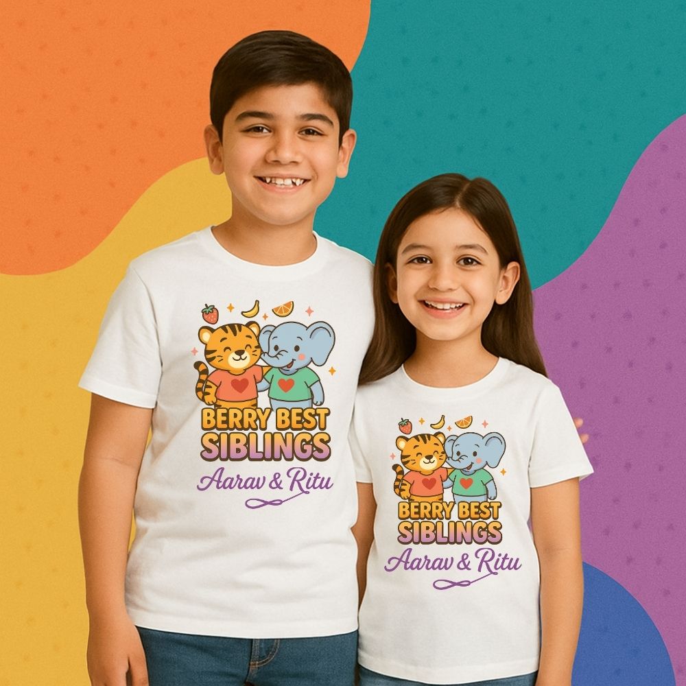 Custom ‘Berry Best Siblings’ shirt set with berry icons & names – perfect Rakhi gift 2025 for brothers and sisters
