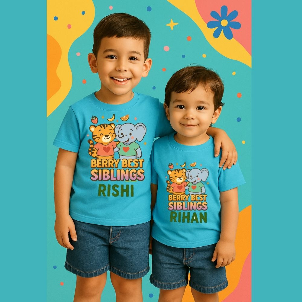 Custom ‘Berry Best Siblings’ shirt set with berry icons & names – perfect Rakhi gift 2025 for brothers and sisters