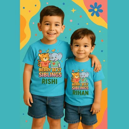 Custom ‘Berry Best Siblings’ shirt set with berry icons & names – perfect Rakhi gift 2025 for brothers and sisters