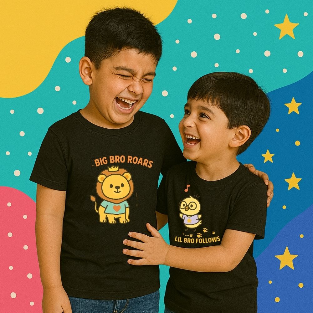 Personalized lion-themed ‘Big Bro Roars’ & ‘Lil Bro Follows’ tees – perfect Rakhi gift 2025 for fun-loving brothers with custom names