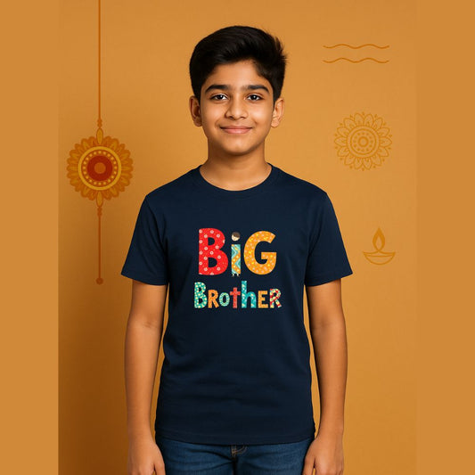 Big brother posing in a Navyblue Rakhi edition t-shirt designed for Raksha Bandhan celebrations.