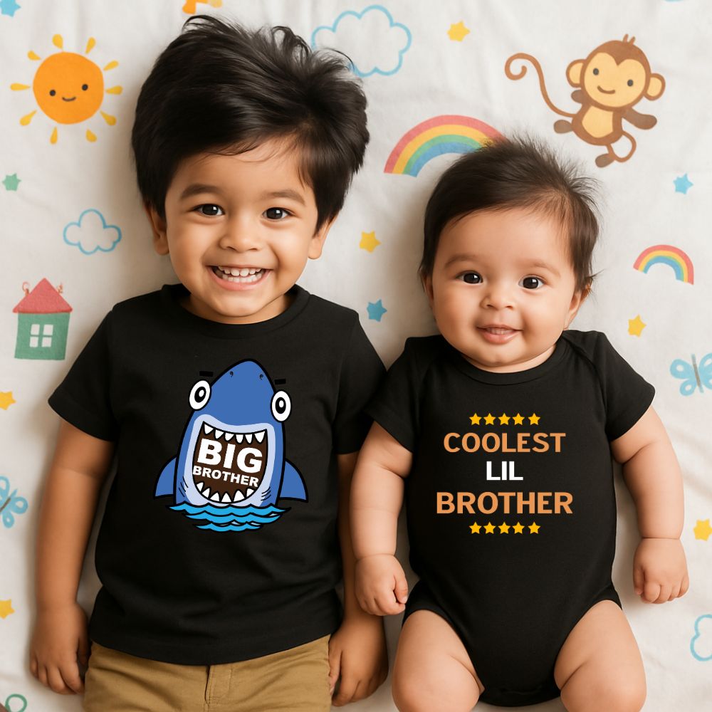 'Big Brother' Tshirt and 'Coolest Lil Brother' Romper Black Siblings Set