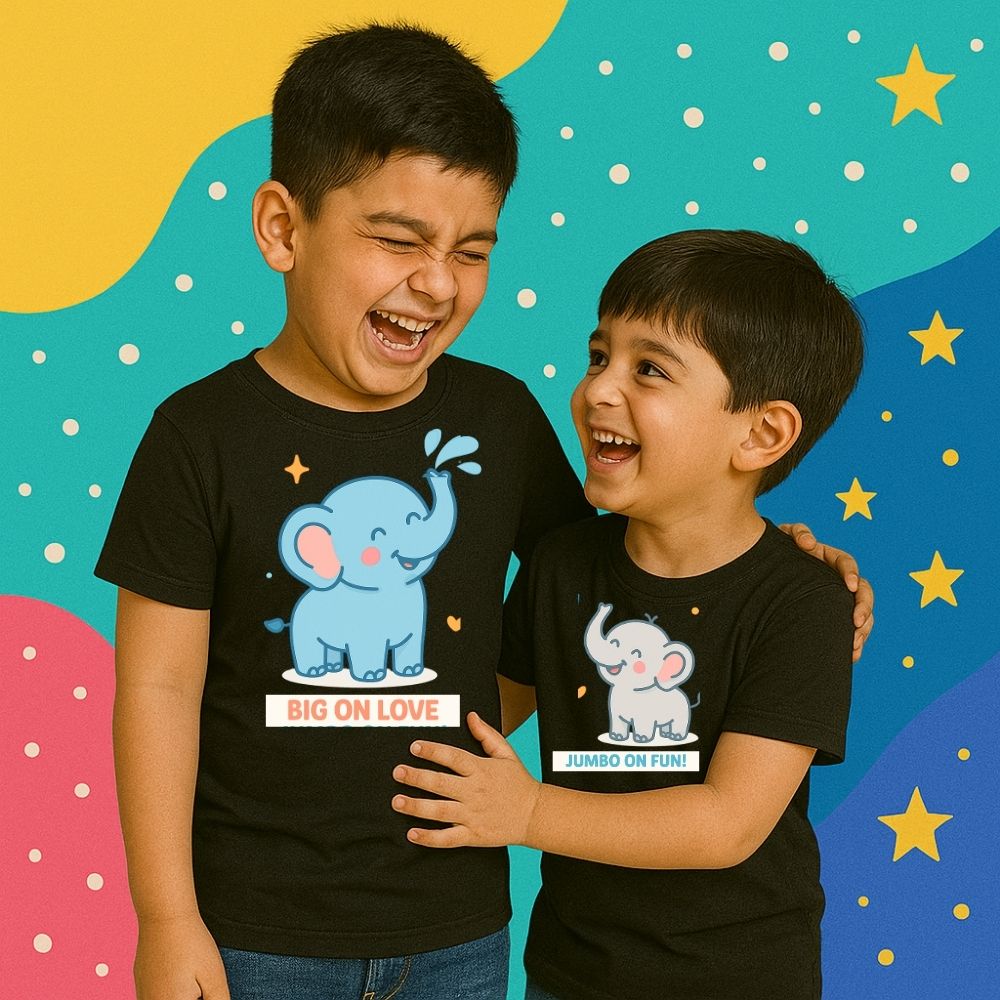 Matching kids’ t-shirts with ‘Big on Love’ and ‘Jumbo on Fun’ – perfect Rakhi gift 2025 for brothers and sisters to celebrate sibling love