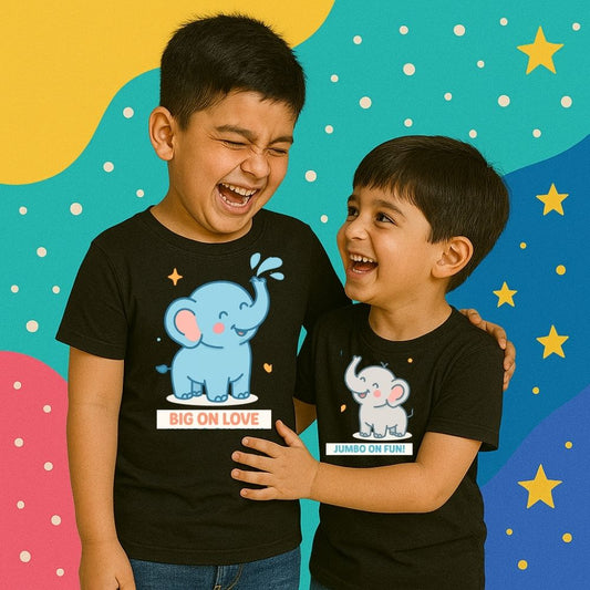Matching kids’ t-shirts with ‘Big on Love’ and ‘Jumbo on Fun’ – perfect Rakhi gift 2025 for brothers and sisters to celebrate sibling love