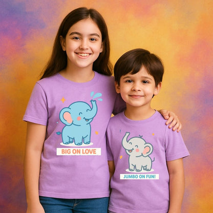 Matching kids’ t-shirts with ‘Big on Love’ and ‘Jumbo on Fun’ – perfect Rakhi gift 2025 for brothers and sisters to celebrate sibling love