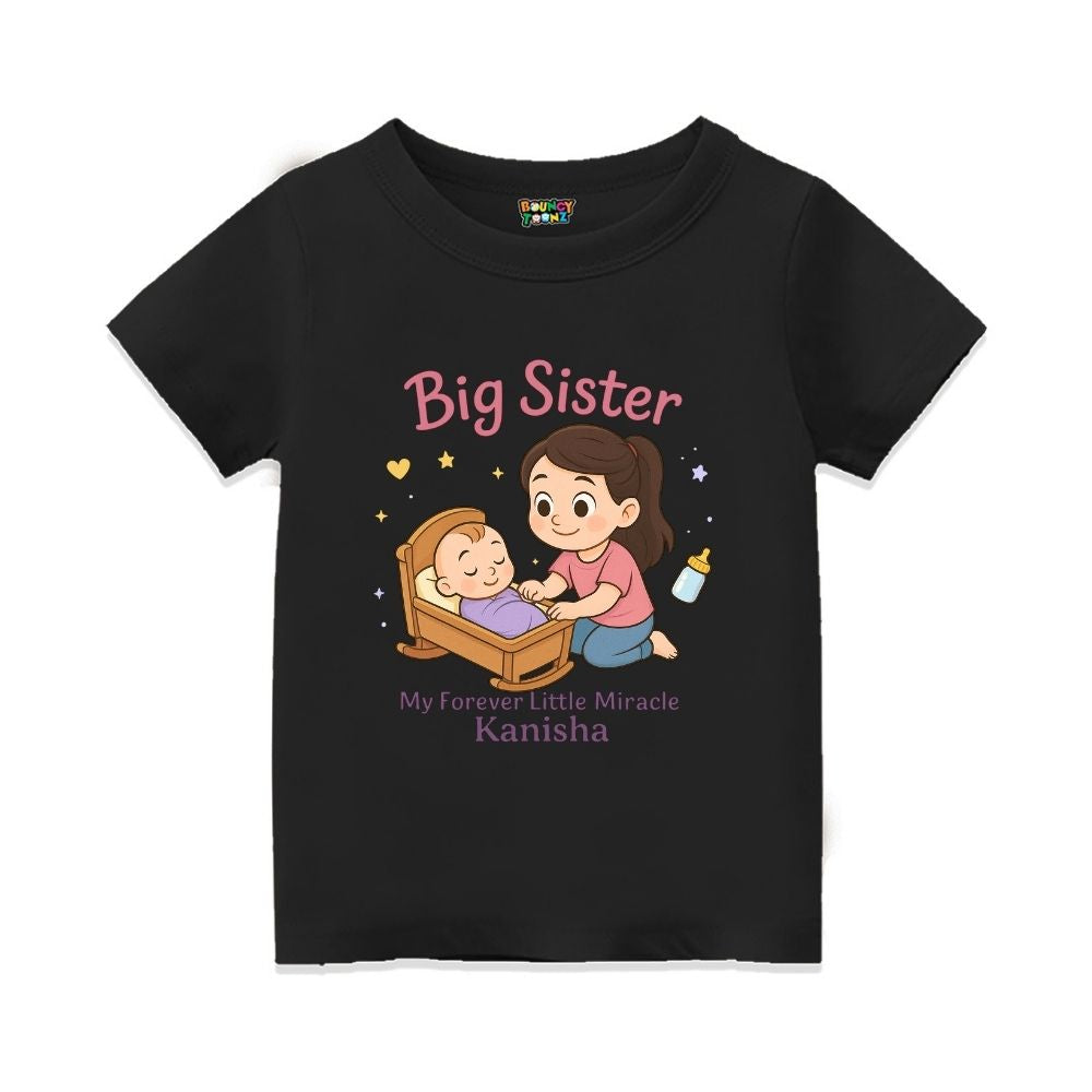 Black 'Big Sister' t-shirt with personalized text "My Forever Little Miracle"