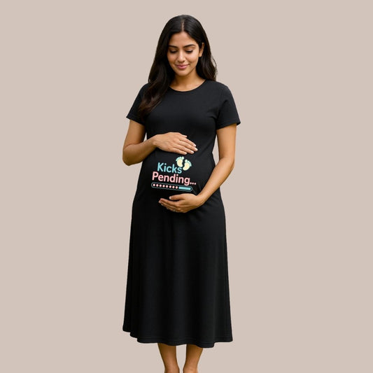 Black Dress with 'Kicks Pending' text and Baby Footprint design printed