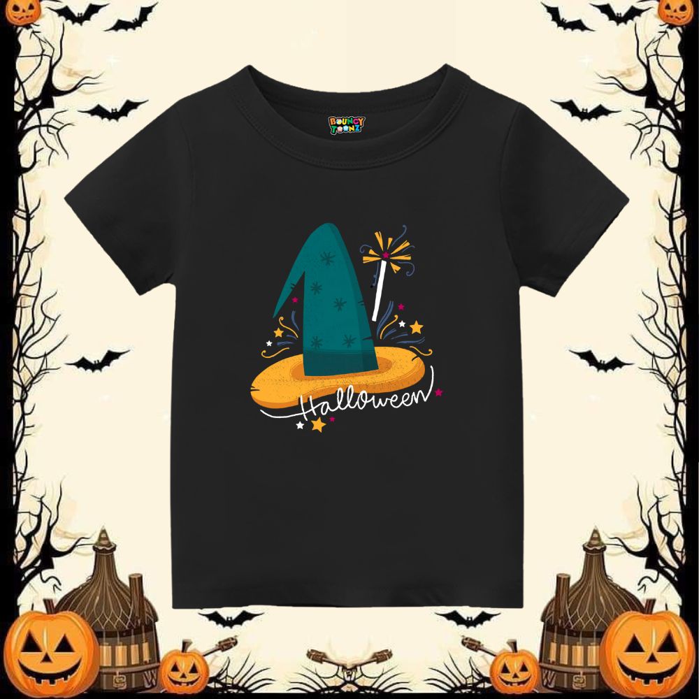 Black Halloween Kids Tshirt with Witch Hat design