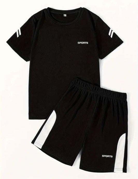 black short-sleeved Kids sports jersey with white stripes 
