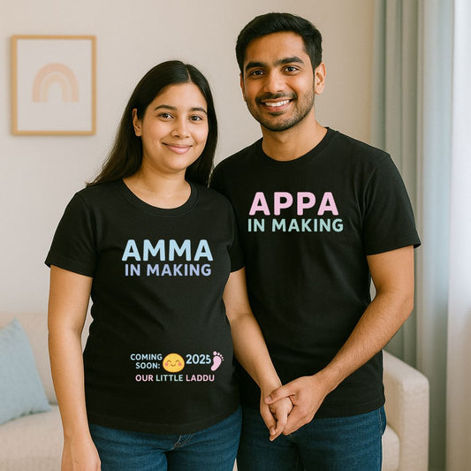Black Maternity Couple Tshirts Amma Appa in Making Text Print