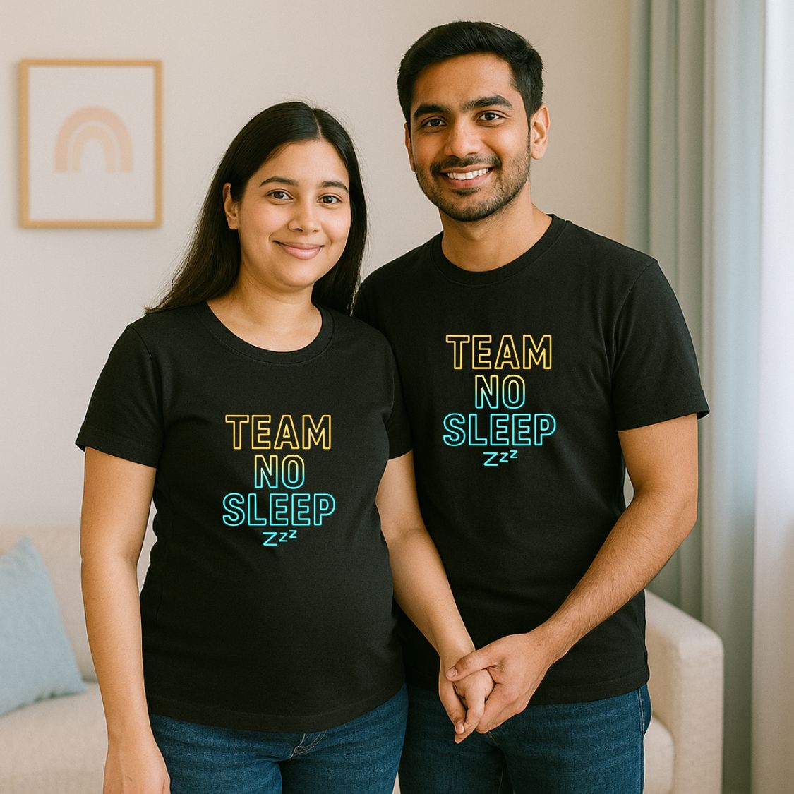  Black Maternity Couple t-shirts with 'TEAM NO SLEEP' text print
