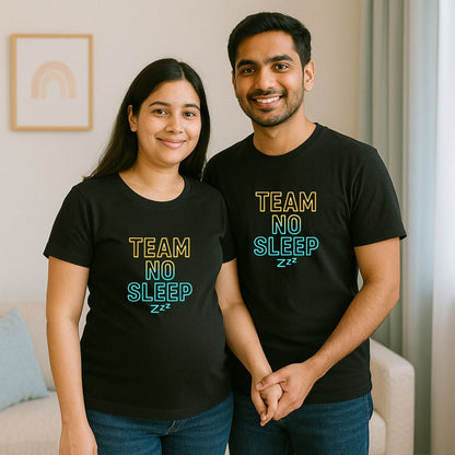  Black Maternity Couple t-shirts with 'TEAM NO SLEEP' text print