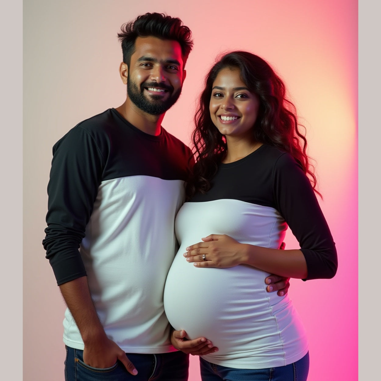 Black and White Color Block Maternity Matching Couple Tshirt 