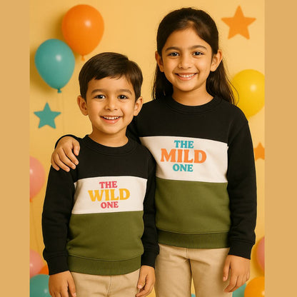 Black_White_Dark olive sibling sweatshirts – perfect Rakhi gift 2025 for brothers and sisters to twin in cozy festive style
