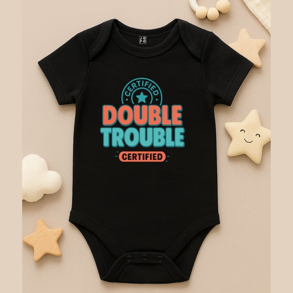 Black baby onesie with 'Certified Double Trouble Certified' text